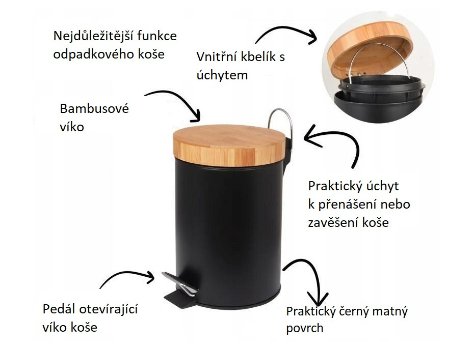 Odpadkový koš do koupelny s bambusovým krytem 3l - černý