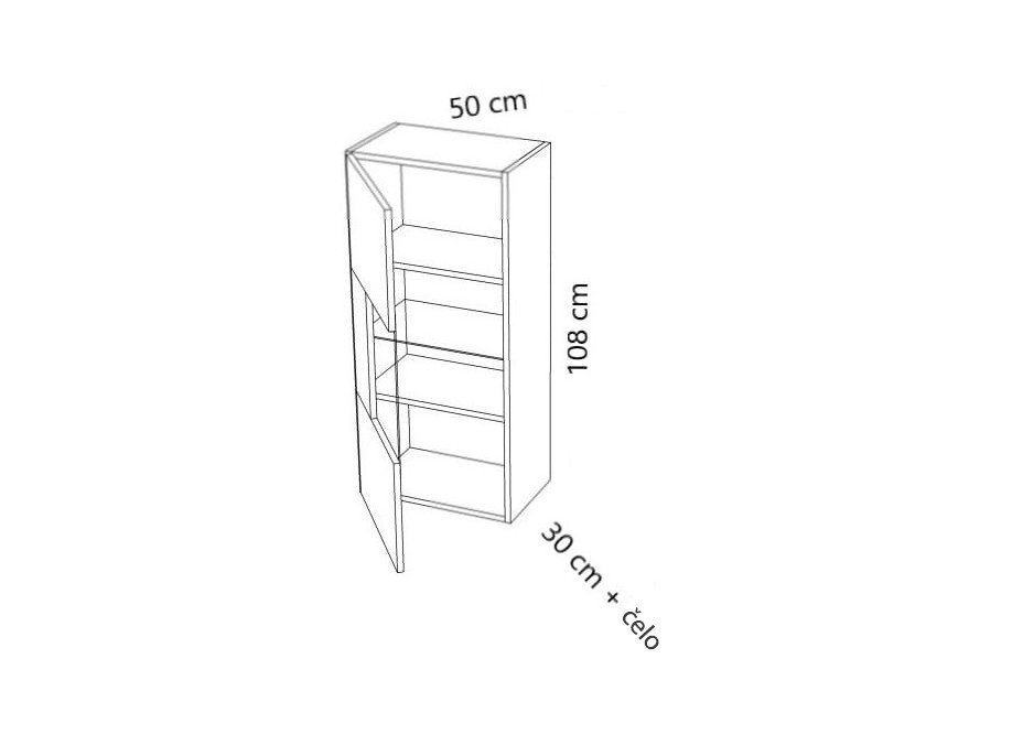 Závěsná skříňka se skleněnou vitrínou MODERN - 50x30x108 cm - bílá lesklá - push to open - levá