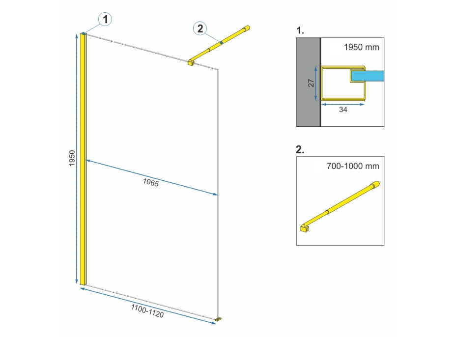 Koupelnová pevná zástěna MAXMAX Rea AERO 110 cm - zlatá - čiré sklo