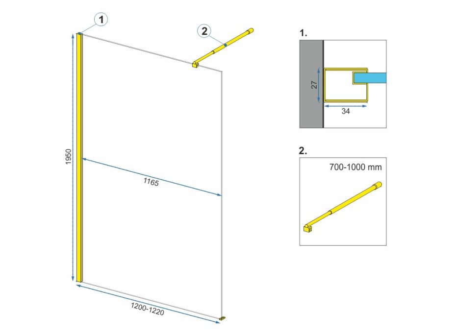 Koupelnová pevná zástěna MAXMAX Rea AERO 120 cm - zlatá - čiré sklo