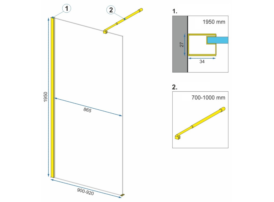 Koupelnová pevná zástěna MAXMAX Rea AERO 90 cm - zlatá - čiré sklo