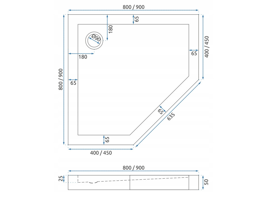 Pětiúhelníková sprchová vanička MAXMAX Rea DIAMOND 80x80x5 cm