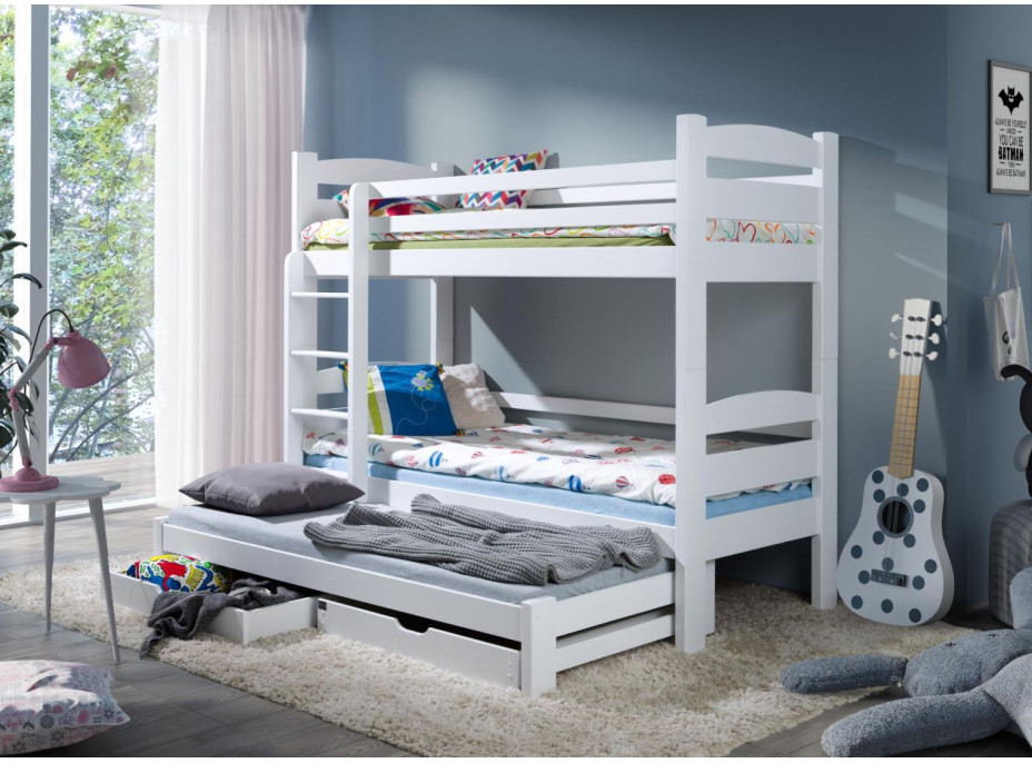 Dětská patrová postel z masivu borovice CYRIL s přistýlkou a šuplíky - 200x90 cm - BÍLÁ