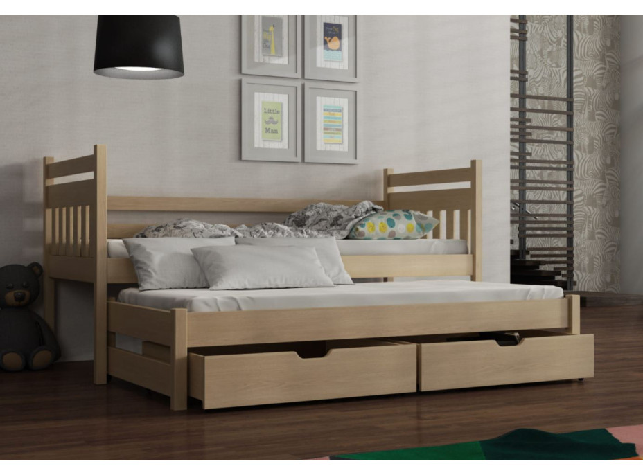 Dětská postel z masivu borovice DAN s přistýlkou a šuplíky - 200x90 cm - přírodní