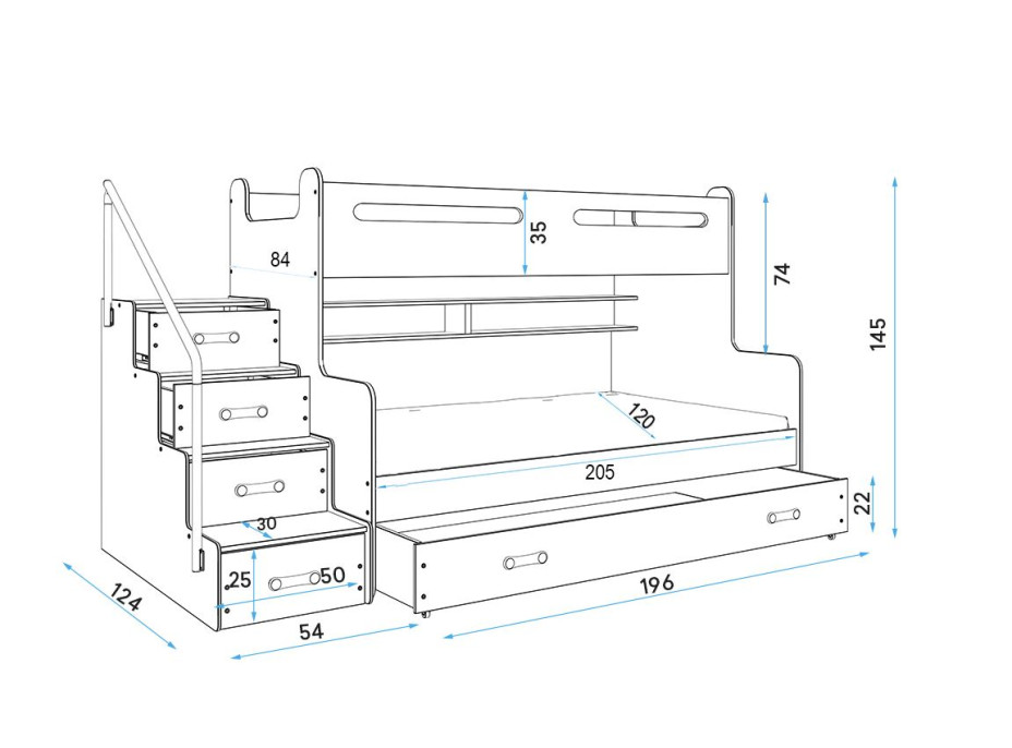 Dětská patrová postel s rozšířeným spodním lůžkem a přistýlkou MAXÍK 3 bílo-růžová- 200x120 cm