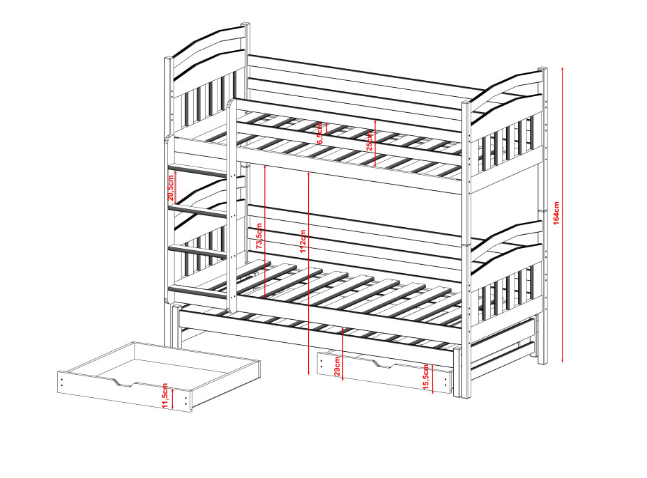 Dětská patrová postel z masivu borovice ALDA s přistýlkou a šuplíky - 200x90 cm - bílá