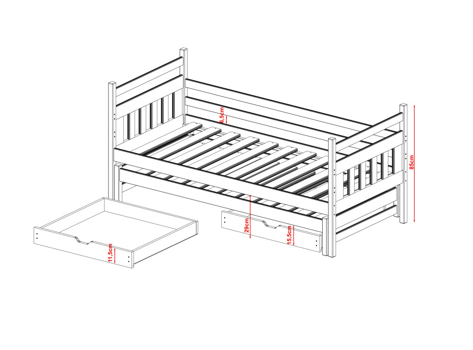 Dětská postel z masivu borovice DAN s přistýlkou a šuplíky - 200x90 cm - bílá