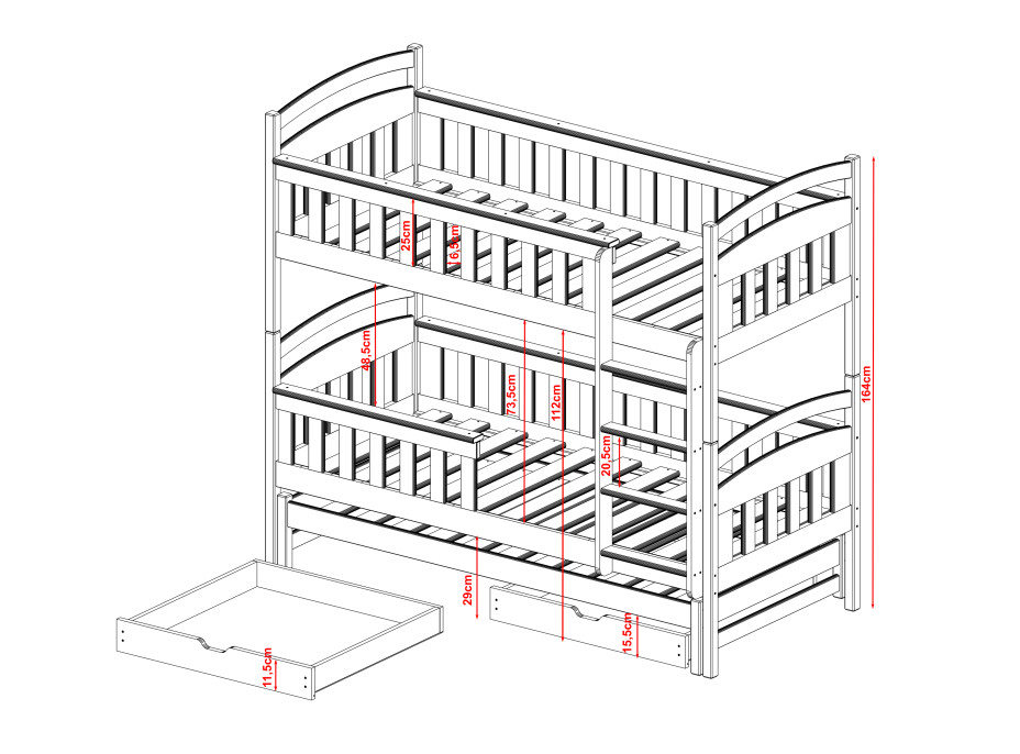 Dětská patrová postel z masivu borovice HERMIONA s přistýlkou a šuplíky - 200x90 cm - bílá