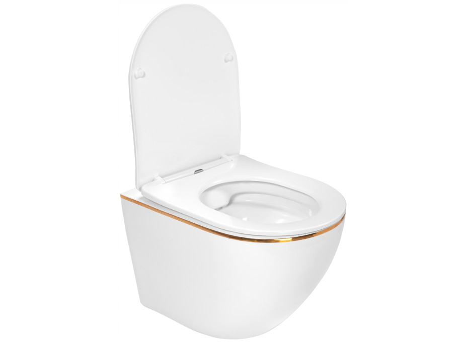 Závěsné WC MAXMAX Rea CARLO mini RIMLESS + Duroplast sedátko flat - bílé se zlatým okrajem