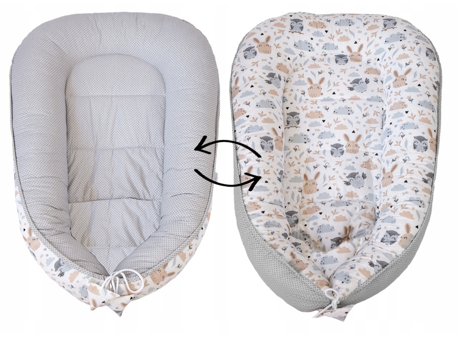 Oboustranné hnízdečko (kokon) pro miminko - BABYMAM PREMIUM set 7v1 - Zvířecí partička s šedou minky