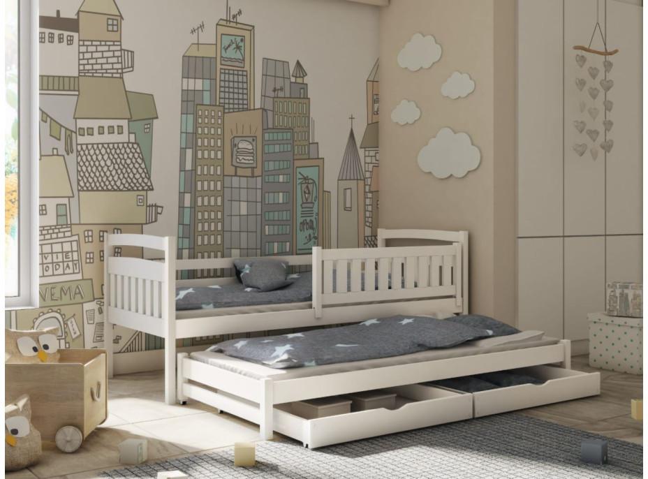 Dětská postel z masivu borovice GABRIEL s přistýlkou a šuplíky - 200x90 cm - bílá