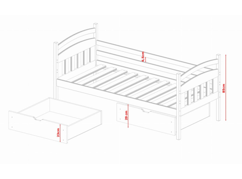 Dětská postel z masivu borovice TARY se šuplíky - 200x90 cm - přírodní