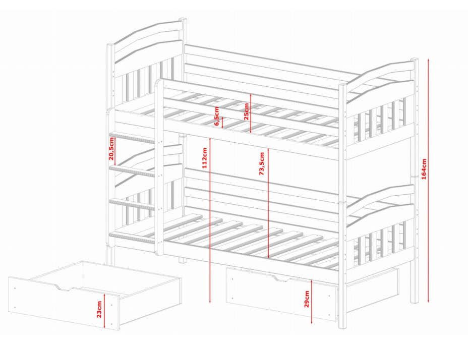 Dětská patrová postel z masivu borovice GABINA se šuplíky 200x90 cm - přírodní
