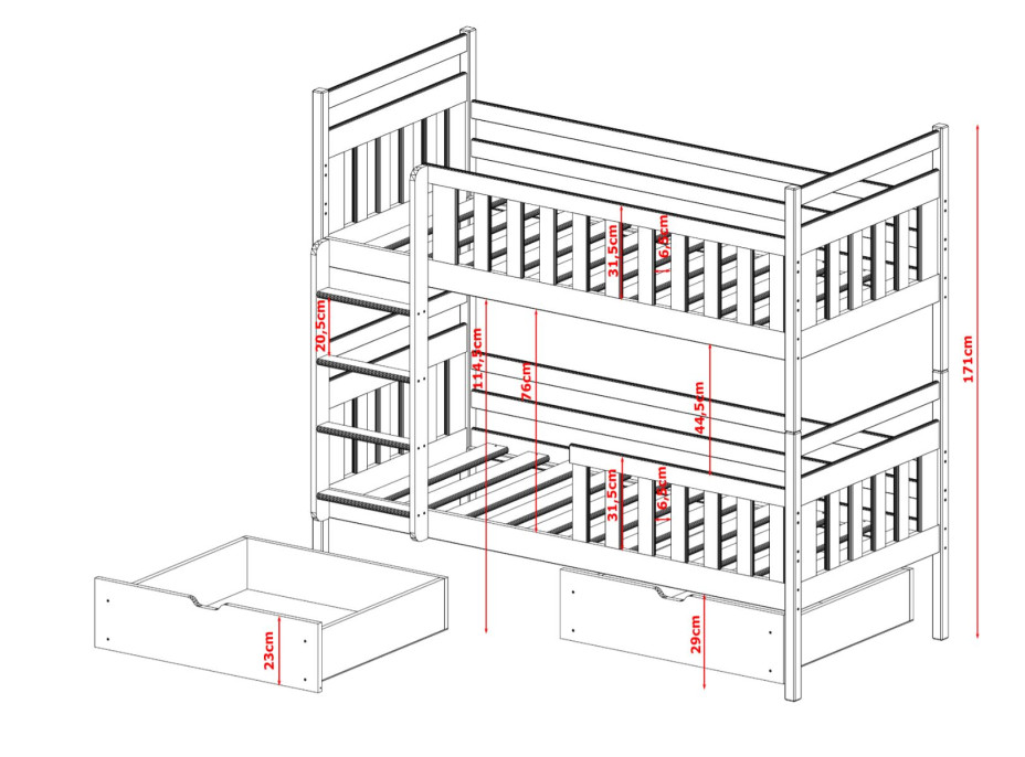 Dětská patrová postel z masivu borovice MARIE se šuplíky 200x90 cm - bílá