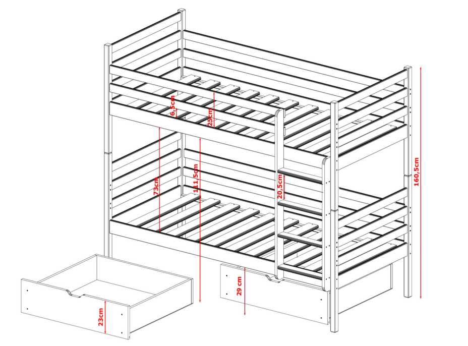 Dětská patrová postel z masivu borovice NINA se šuplíky 200x90 cm - přírodní