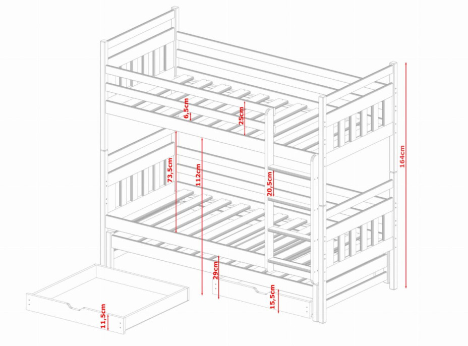 Dětská patrová postel z masivu borovice SEVERUS s přistýlkou a šuplíky - 200x90 cm - přírodní