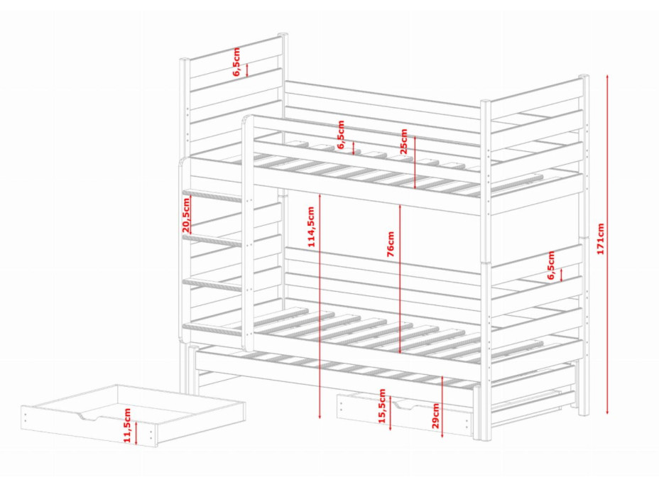 Dětská patrová postel z masivu borovice TEODOR s přistýlkou a šuplíky - 200x90 cm - bílá