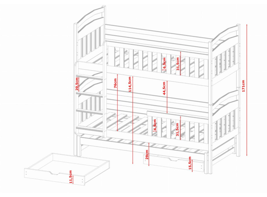Dětská patrová postel z masivu borovice VIKTOR s přistýlkou a šuplíky - 200x90 cm - přírodní