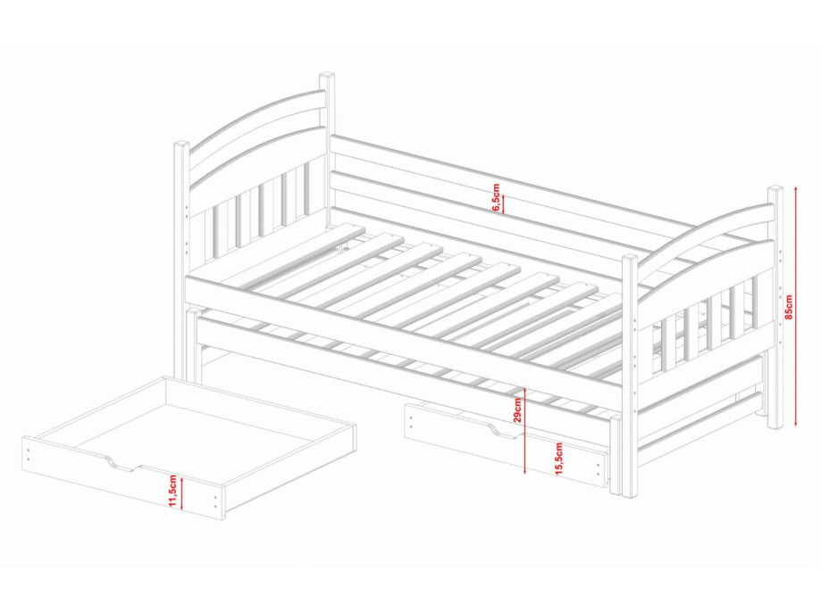 Dětská postel z masivu borovice GABRIEL s přistýlkou a šuplíky - 200x90 cm - přírodní