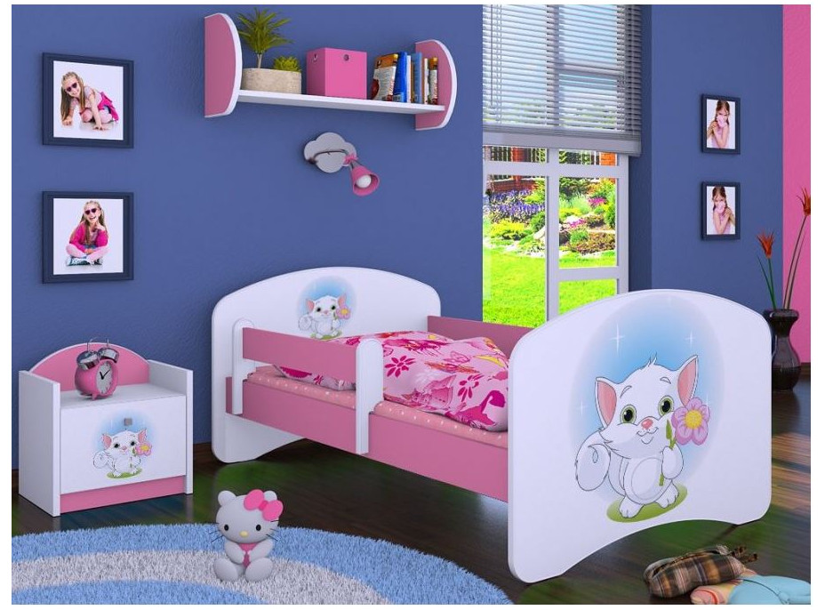 Dětská postel bez šuplíku 180x90cm KOČIČKA S KYTIČKOU - růžová