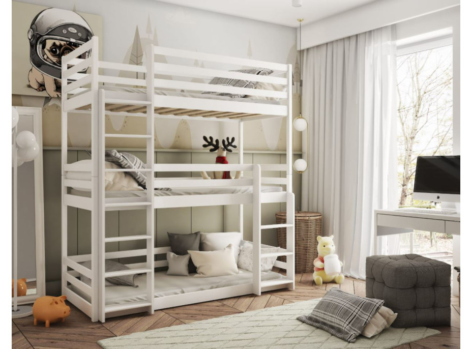 Dětská třípatrová postel TEDDY - 200x90 cm - bílá