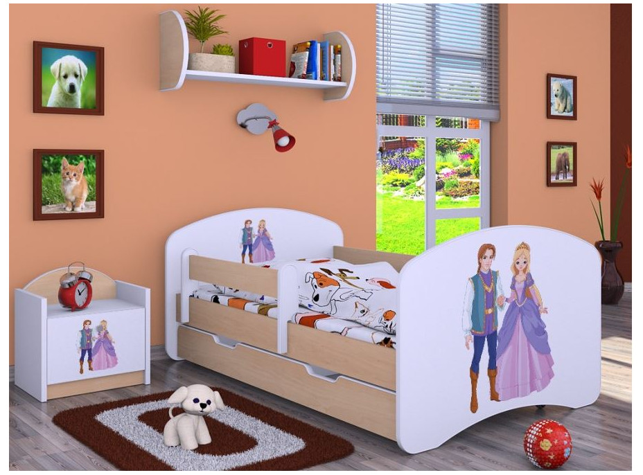 Dětská postel se šuplíkem 180x90cm PRINC A PRINCEZNA - světlá hruška
