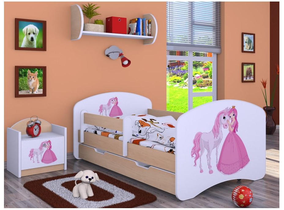 Dětská postel se šuplíkem 180x90cm PRINCEZNA A KONÍK - světlá hruška