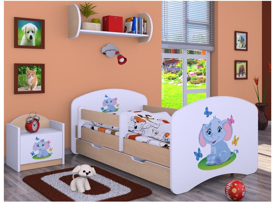 Dětská postel se šuplíkem 180x90cm SLON A MOTÝLCI - světlá hruška