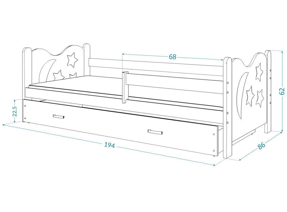 Dětská postel se šuplíkem MIKOLÁŠ - 190x80 cm - bílá/borovice - měsíc a hvězdičky