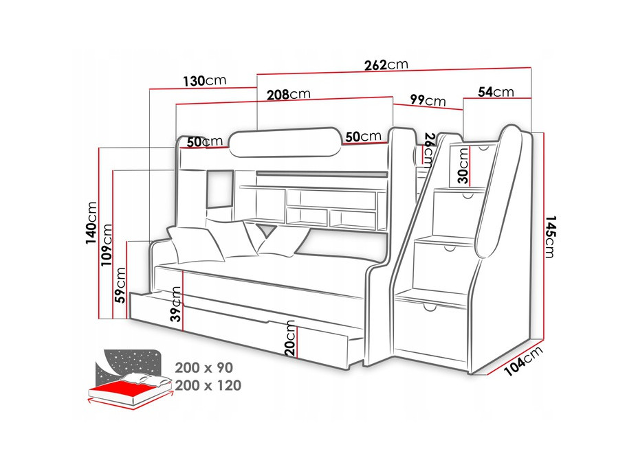 Dětská patrová postel s rozšířeným spodním lůžkem a šuplíkem SEGAN bílá - 200x90/120 cm