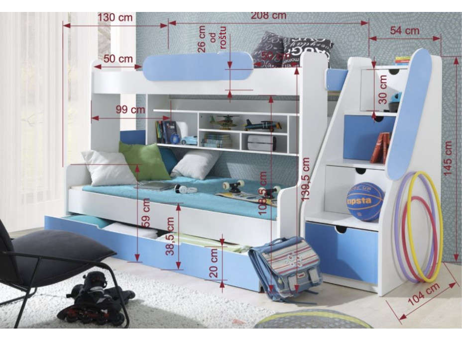 Dětská patrová postel s rozšířeným spodním lůžkem a šuplíkem SEGAN bílá - 200x90/120 cm