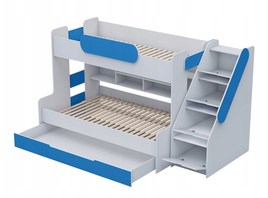 Dětská patrová postel s rozšířeným spodním lůžkem a šuplíkem SEGAN bílo-šedá - 200x90/120 cm