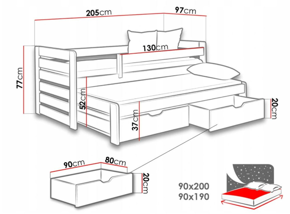 Dětská postel z masivu borovice TOMÁŠ II s přistýlkou a šuplíky - 200x90 cm - přírodní borovice