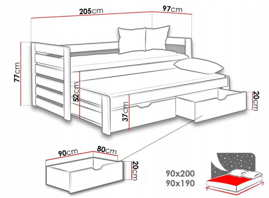 Dětská postel z masivu borovice TOMÁŠ s přistýlkou a šuplíky - 200x90 cm - bílá