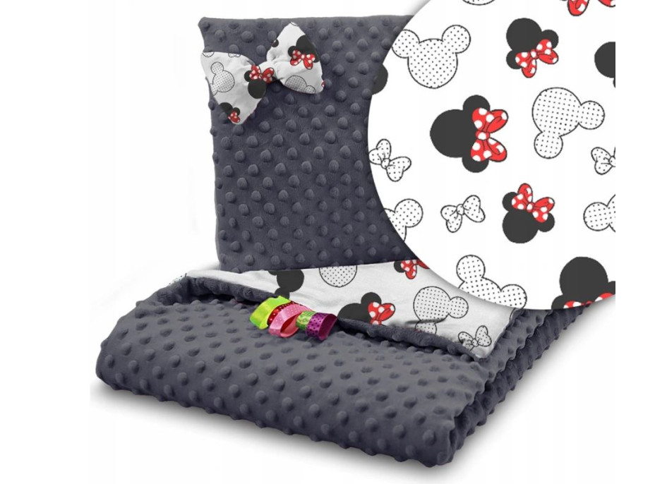 Dětská deka do kočárku s polštářkem a motýlkem - BABYMAM PREMIUM set 3v1 - Myška Minnie s grafitovou minky