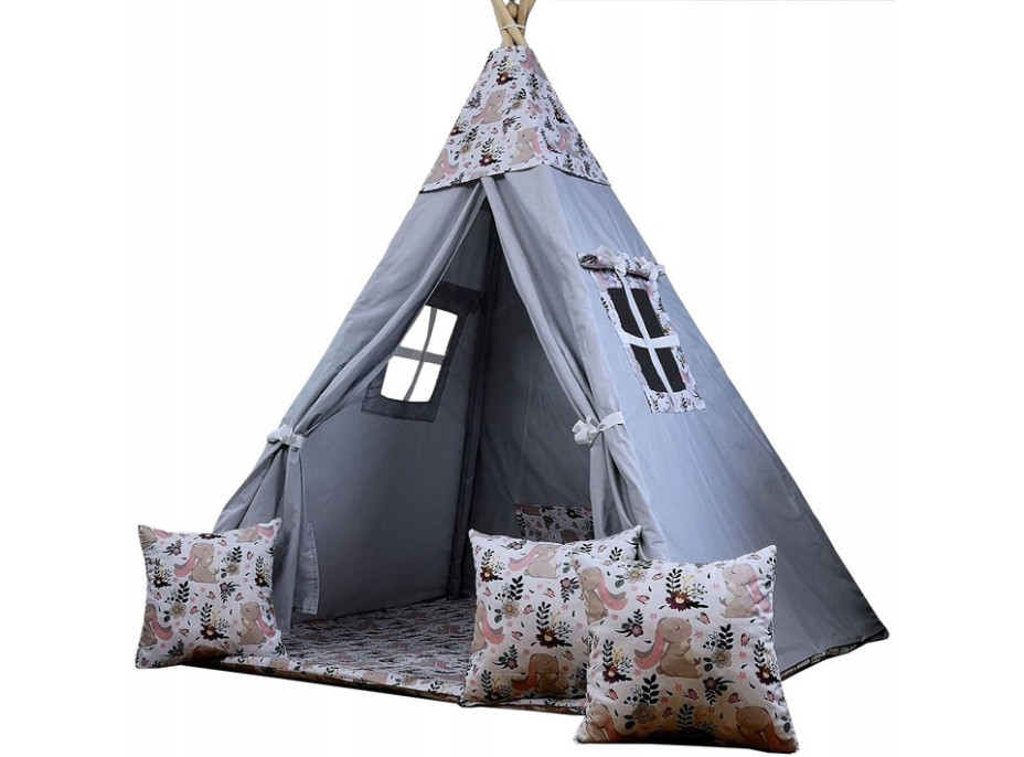 Dětský stan TEEPEE (TÝPÍ) KRÁLÍČCI s doplňky - šedý