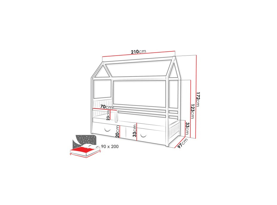 Dětská domečková postel z masivu borovice ROZALIE II se šuplíky - 200x90 cm - bílá