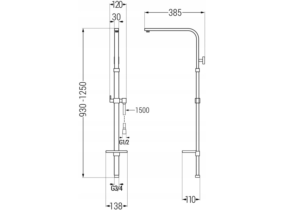 Sprchová kovová tyč s držákem na ruční sprchu, dešťovou hlavici a mýdlo MEXEN Q - 93-125 cm - černá + hadice 150 cm, 79395-70