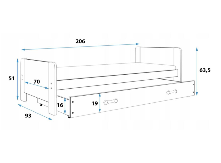 Dětská postel DAREK se šuplíkem 200x80 cm - šedo-bílá