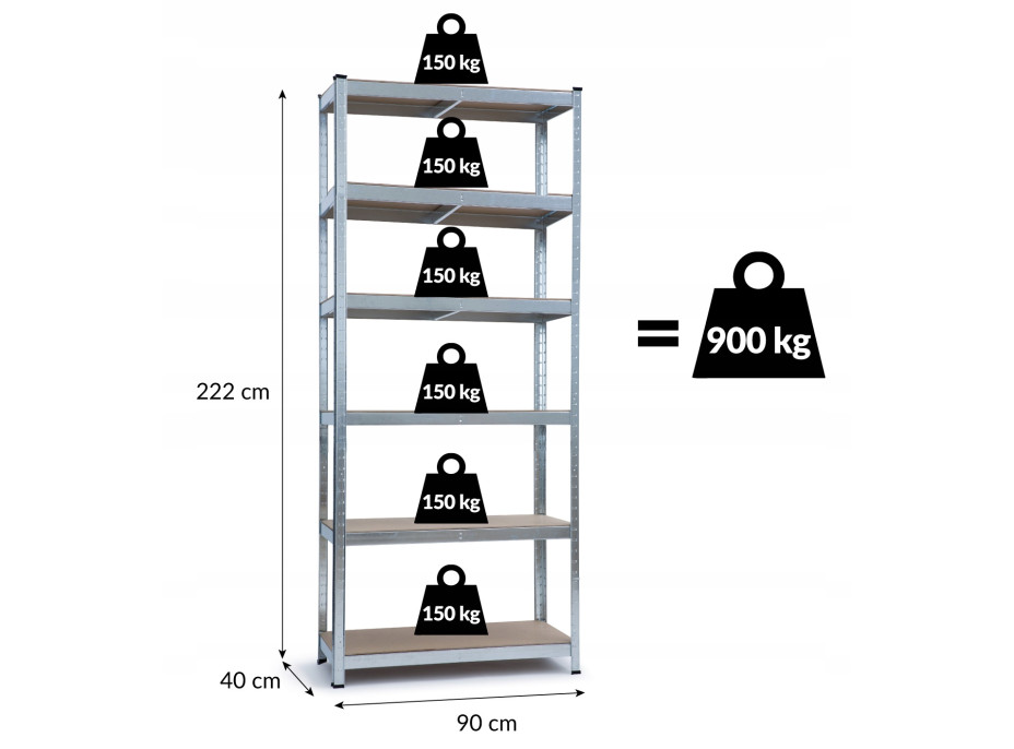 Úložný regál METAL - kovový - 90x40x222 cm - nosnost 900 kg