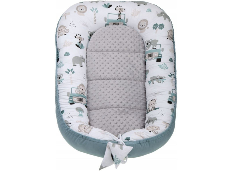 Oboustranné hnízdečko (kokon) pro miminko - BABYMAM PREMIUM set 7v1 - Na safari s šedou minky