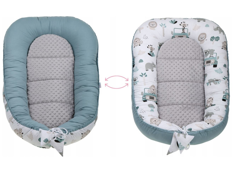 Oboustranné hnízdečko (kokon) pro miminko - BABYMAM PREMIUM set 7v1 - Na safari s šedou minky