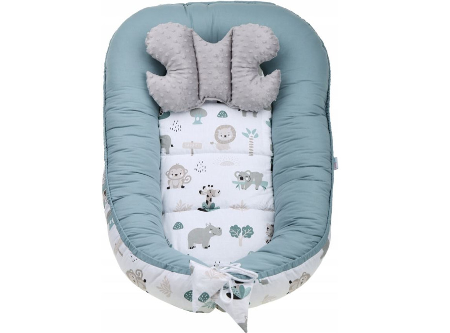 Oboustranné hnízdečko (kokon) pro miminko - BABYMAM PREMIUM set 7v1 - Na safari s šedou minky