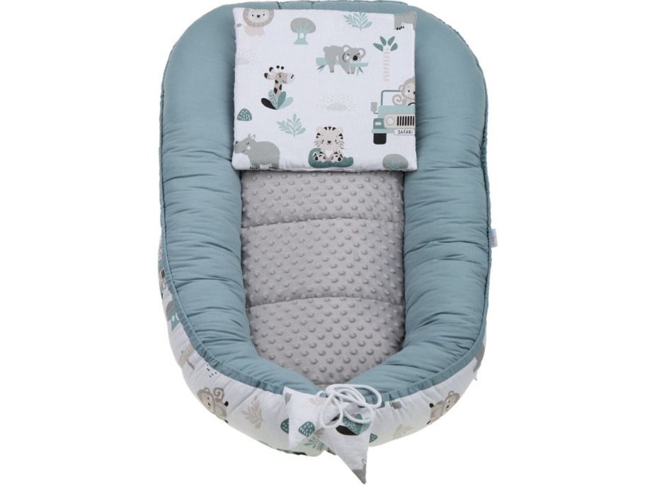 Oboustranné hnízdečko (kokon) pro miminko - BABYMAM PREMIUM set 7v1 - Na safari s šedou minky