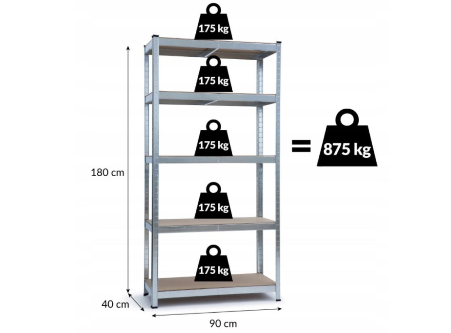 Úložný regál METAL - kovový - 90x40x180 cm - nosnost 875 kg