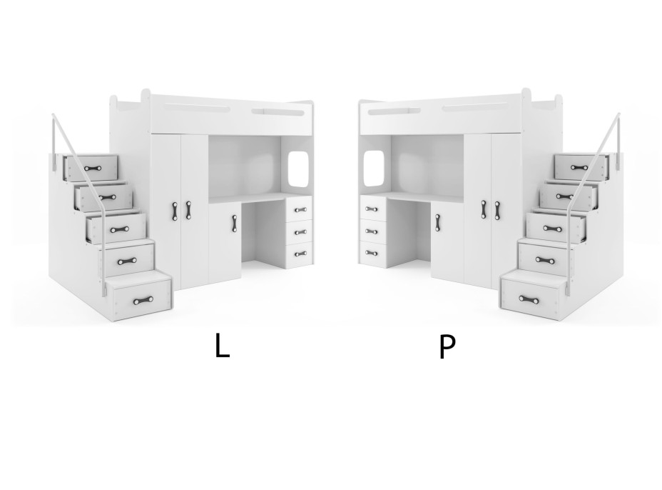 Dětská vyvýšená postel s psacím stolem a skříní MAXÍK 4 bílo-šedá - 200x80 cm + matrace ZDARMA