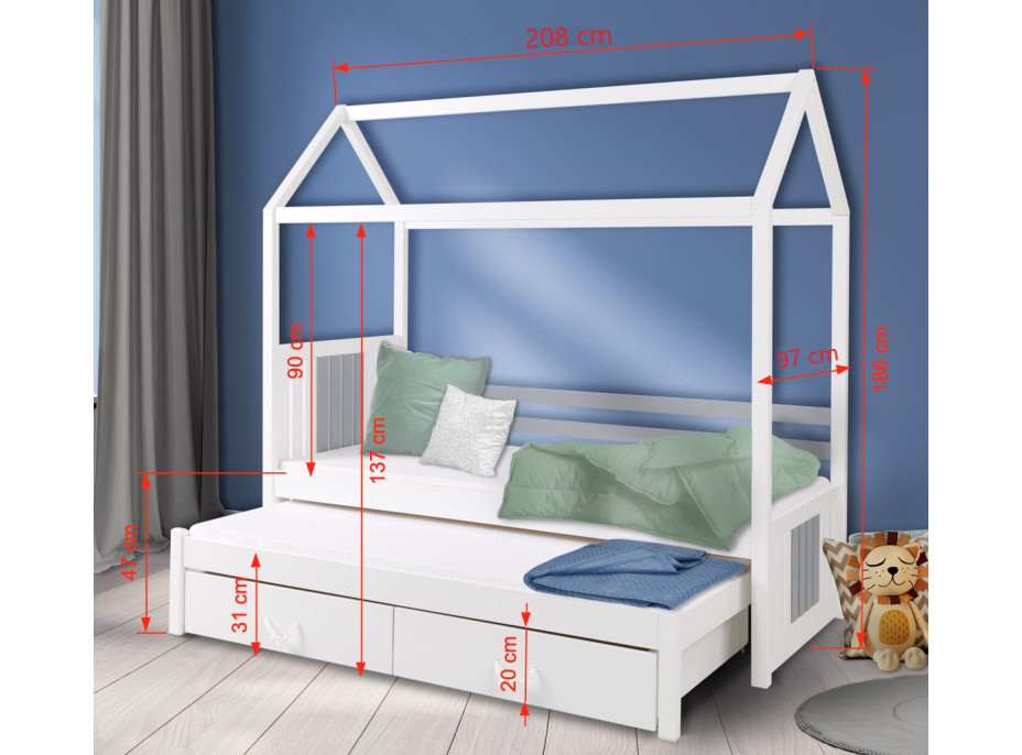 Dětská domečková postel z masivu borovice JONAS s přistýlkou a šuplíky - 200x90 cm - bílá/šedá