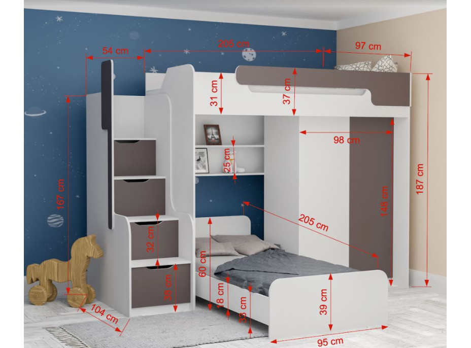 Dětská vyvýšená postel s dodatkovým lůžkem a skříní DORIAN II - 200x90 cm - bílá