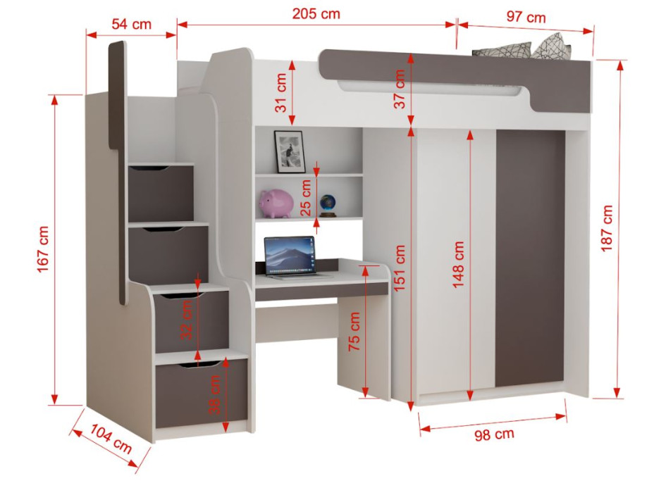 Dětská vyvýšená postel s psacím stolem a skříní DORIAN - 200x90 cm - grafitová
