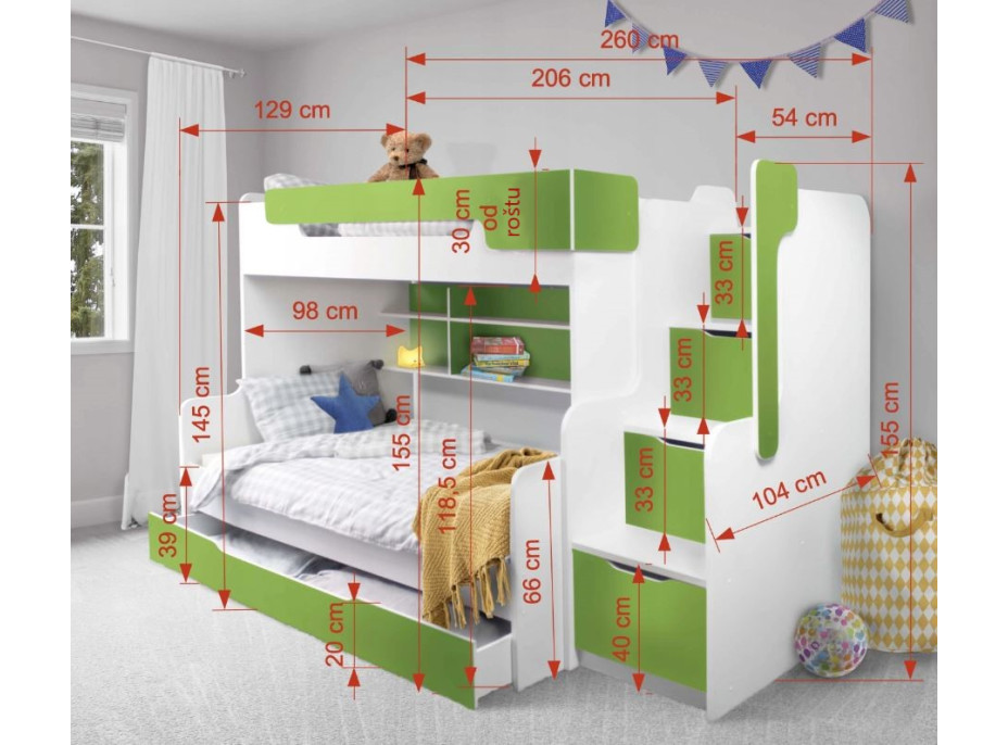 Dětská patrová postel s rozšířeným spodním lůžkem a šuplíkem HARRY bílo-zelená - 200x90/120 cm